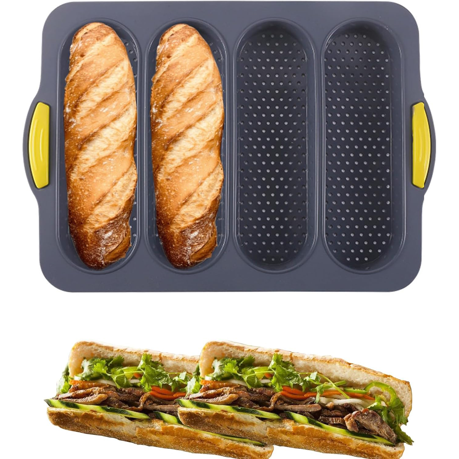 Kitchen Baking Ware - 4-cavity Silicone Bread Loaf Pan Hamburger